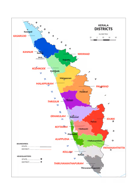Migrant labourers in Kerala — An administrative map of the districts in the southern Indian state of Kerala.