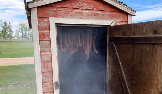 Mennonite cuisine — Mennonite farmer sausage in a smokehouse.