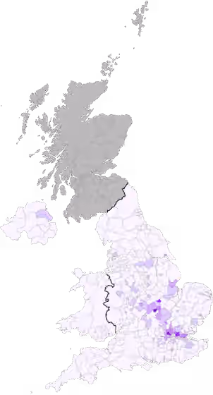 Romanians in the United Kingdom — Local Authorities in England, Wales and Northern Ireland shaded by the percentage that are Romanian citizens in 2021.