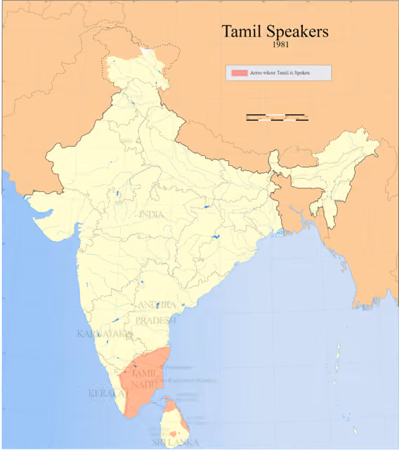 British Tamils — Detail of Image:Tamil speakers map.svg ; Areas in India and Sri Lanka where Tamil is spoken (1981).