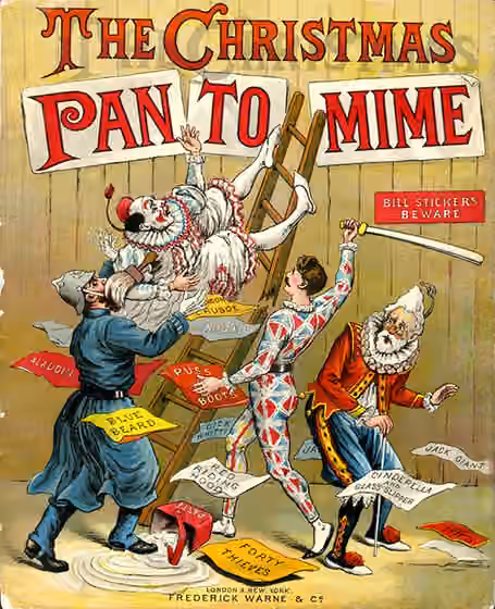 Pantomime — The Christmas Pantomime colour lithograph book cover, 1890, showing harlequinade characters.