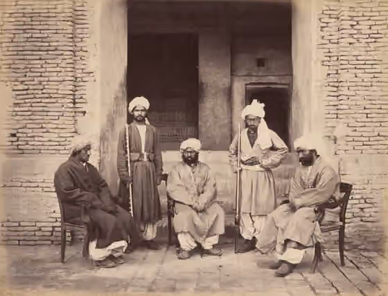 Timuri — A five-member group of Timuris posing for a photo in the courtyard of a government palace (known then as Wali Sher Ali Khan's Zenana) in Kandahar, Afghanistan.
