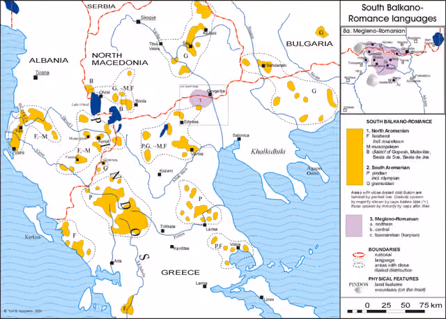 Aromanians in Greece — Map of Eastern Romance languages (Aromanian and Meglenite)
