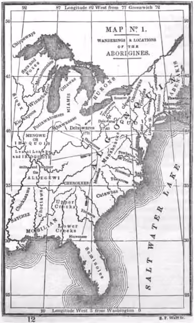 Allegewi — Map titled “Wanderings & Locations of the Aborigines” from page 12 of Abridged History of the United States; or, Republic of America by Emma Willard (New York: A.