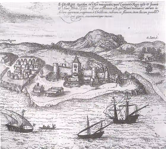 Atlantic Creoles — Idealized picture of Elmina (Ghana), 1575