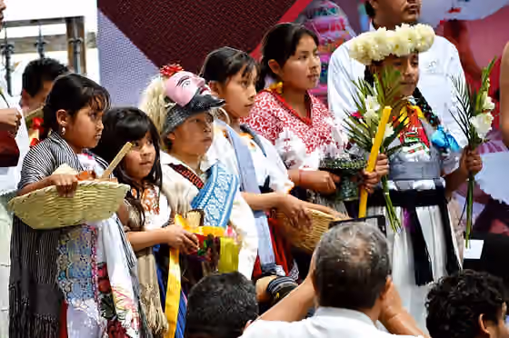 Suku Purépecha — Representatives of the Purhepecha people at the 2015 Muestra de Indumentaria Tradicional de Ceremonias y Danzas de Michoacán, part of the Tianguis de Domingo de Ramos in Uruapan, Michoacan, Mexico