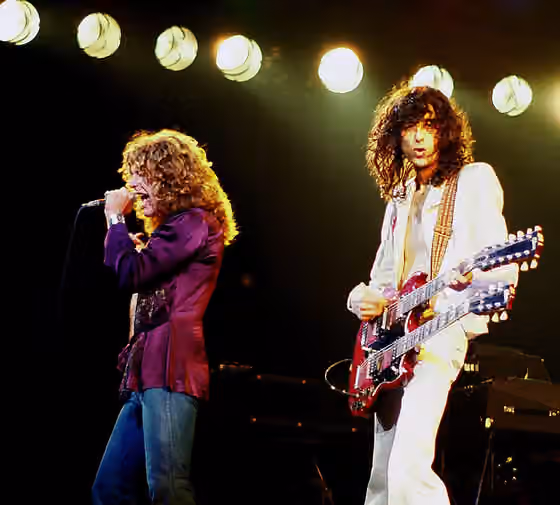 Hard rock — Robert Plant (left) and Jimmy Page (right) of Led Zeppelin, in concert in Chicago, Illinois