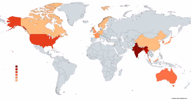 Mizo diaspora — #7f0000 - 500,000+ b30000 - 100,000-499,999 d7301f - 10,000-99,999 ef6548 - 1,000-9,999 fc8d59 - below 1,000