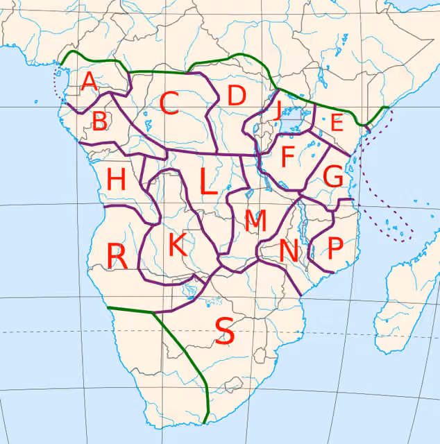 suku-suku Bantu — Guthrie's Bantu zones (mostly geographically based; S is likely genealogical) (with Tervuren's zone J)