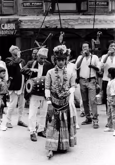 Kumha Pyakhan dance — A boy impersonating a deity performs the Kumha Pyakhan sacred dance to the accompaniment of a drummer and trumpet players in Kathmandu.