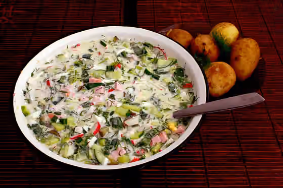 Hidangan Tatarstan — Okroshka cold soup, a favourite dish of Ukrainian cuisine, made on the basis of the Ayran, Kyiv, Ukraine
