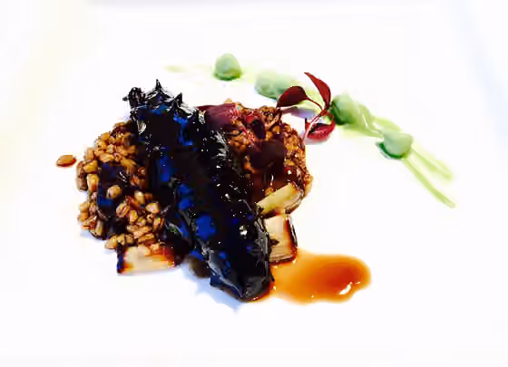 Teripang sebagai makanan — Sea Cucumber cooked with scallions in a sauce made by soy sauce and sesame oil, served with sugar snap pea puree.