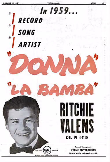 La Bamba — Advertisement for Ritchie Valens' single, "Donna", and B-side, "La Bamba".
