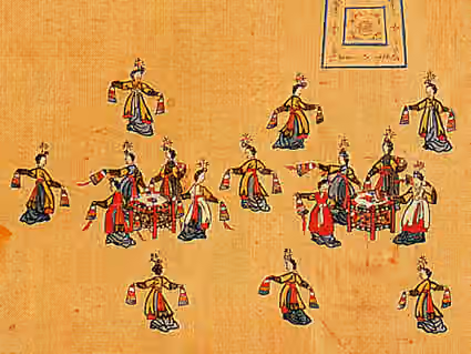 Mugo — The picture titled " Gojong Imjin Jinyeon Dobyeong " which literally means "Painting screen folder of the royal court feast in Imin year during King Gojong reign" depicts mugo , Korean court drum dance.