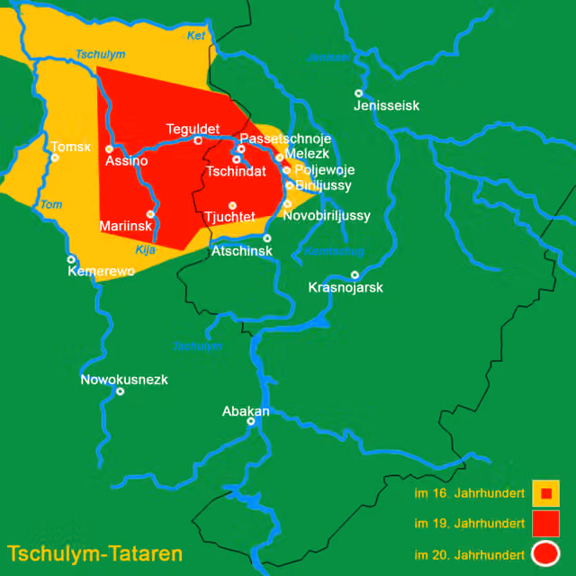 suku Chulym — Extent of the Chulym Tatar ("Meletsk Tatar") settlement area in the 16th century (yellow, yellow-green and yellow-red striped) according to Brockhaus and Efron Encyclopedic Dictionary (1897) and Ethnolinguistic map of Siberia, based on the…