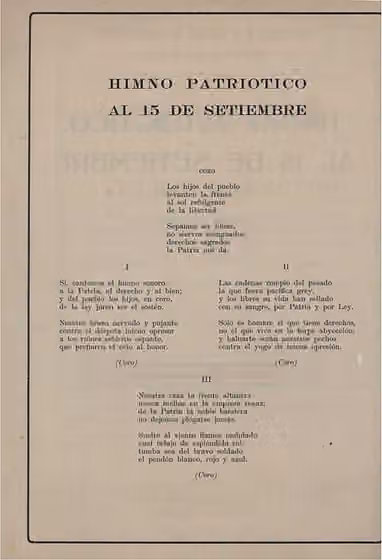Music of Costa Rica — Letra del Himno Patriótico al 15 de setiembre de Costa Rica publicada por la Imprenta Nacional en 1930.