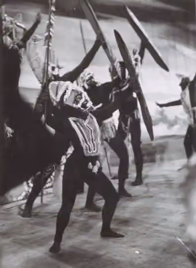 Corroboree — Cropped image from photograph taken at the premiere of Corroboree , a ballet written by composer John Antill and based on the real-life ceremony , at the Empire Theatre, Sydney, in about 1950.