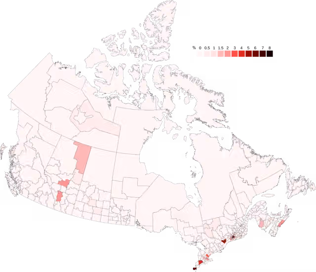 Arab Kanada — Map of Arab Canadians by census division.