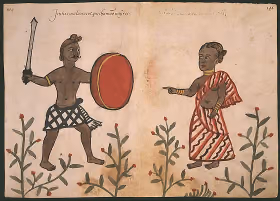 Kiryathil Nair — Anonymous 16th century Portuguese illustration from the Códice Casanatense, depicting a Malabarese couple of the Nayar caste, a warrior and his wife.