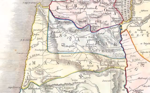 Suku Isakhar — This beautiful hand colored map is a steel plate engraving of Israel / Palestine or the Holy Land.