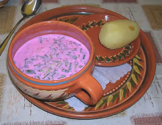 Cold beet soup — User:TreasuryTag took this photograph in a Lithuanian restaurant.