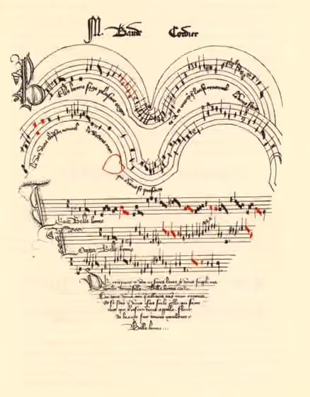 Ars subtilior — Score of Baude Cordier 's chanson "Belle, bonne, sage," from The Chantilly Manuscript , Musée Condé 564.