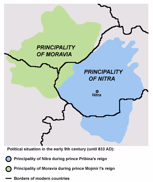 Moravians (tribe) — Principality of Nitra under Pribina and Principality of Moravia under Mojmir I, until 833 AD.