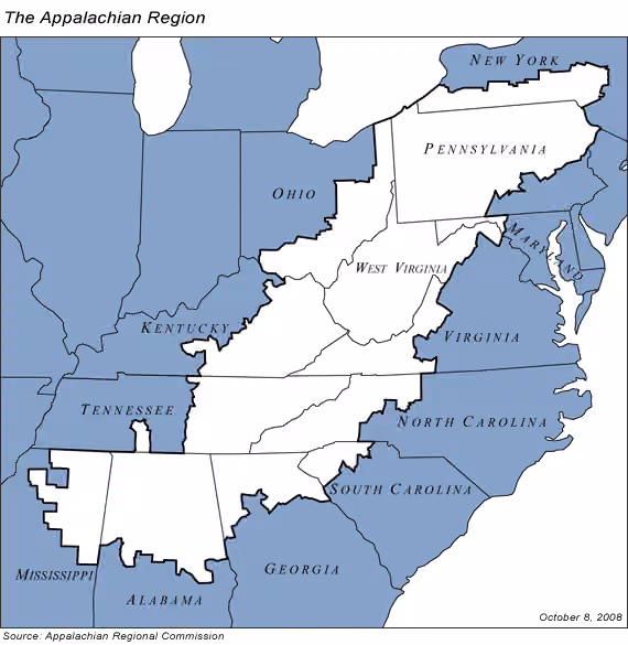 Appalachian Americans — Map of the Appalachian region of the United States, from the Web site of the Appalachian Regional Commission, at  PD-USGov