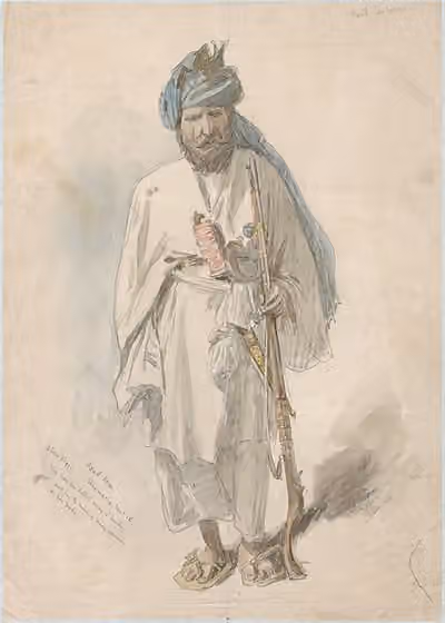Shinwari — Watercolour and pencil sketch of Malik Azad Khan Shinwari, a Malik (tribal elder) of the Shinwari tribe, drawn by the Scottish war artist William Simpson in 1878 during the Second Anglo-Afghan War.