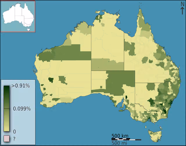Lebanese Australians — People of Lebanese ancestry as a fraction of total persons, in Australia, Australia, according to the 2011 census results.