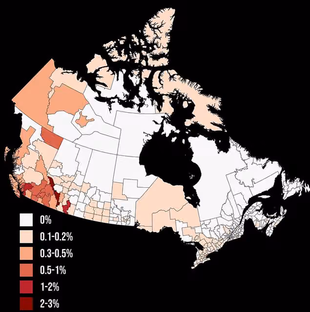 Jepang Kanada — Population distribution of Japanese Canadians in Canada by percentage of total population by census division, 2021 census