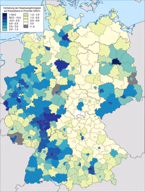 Pakistanis in Germany — Number of foreign citizens from the country described in the title that are registered at the German Central Register of Foreigners relative to the total population of the mentioned foreign nationals in Germany at the district level.