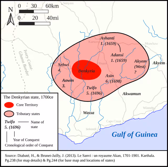 Kingdom of Denkyira — A map of the Denkyrian Empire in 1700ce.