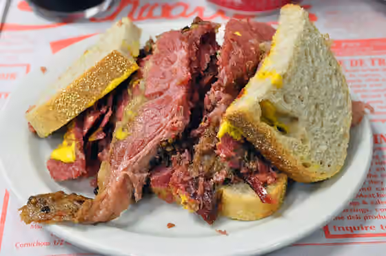Montreal-style smoked meat — Schwartz's smoked meat medium fat Montreal Quebec 2010