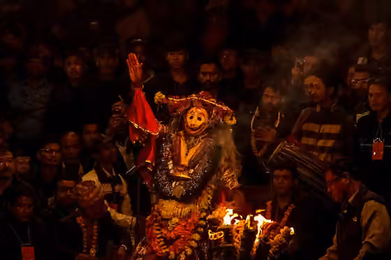 Newar dance — Kartik Naach (Dance of deity Kartik) being staged as a part of annual celebration in Patan Durbar Square