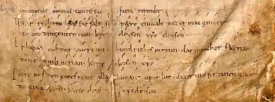 Leise — Neumed manuscript of the Petruslied, Unsar trothîn hât farsalt , the oldest known Leise , from the manuscript of In Genesin by Hrabanus Maurus , dated circa 860, formerly in the cathedral library of Freising , now in the Bayerische…