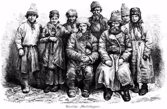 orang Skolt — Skolt Sami people, Kola Peninsula, Russian Lapland, engraving after photo.