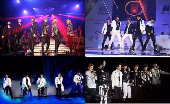 K-pop — K-pop boybands clockwise from left: HITT, MBLAQ, BIig Bang and Exo