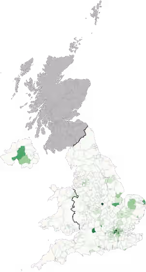 Portuguese in the United Kingdom — Local Authorities in England & Wales shaded by the percent that are Portuguese citizens 0.0%-0.49% 0.5%-0.99% 1%-1.99% 2%-2.99% 3%-3.99% 4% and greater