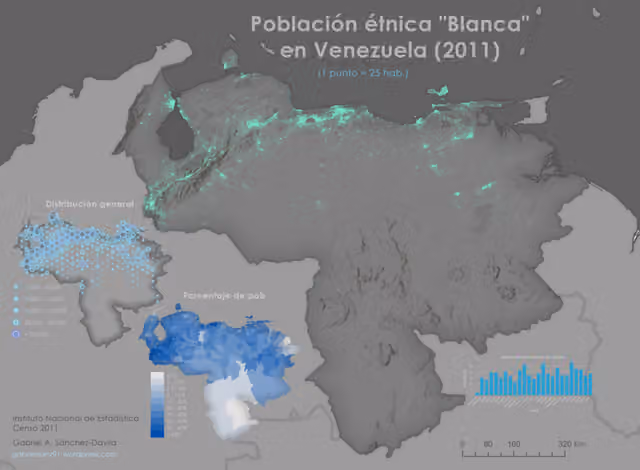 Venezuelans of European descent — White (European ethnic) population in Venezuela (2011): 1 dot = 25 people, shading = population share, hexagons = higher concentration areas