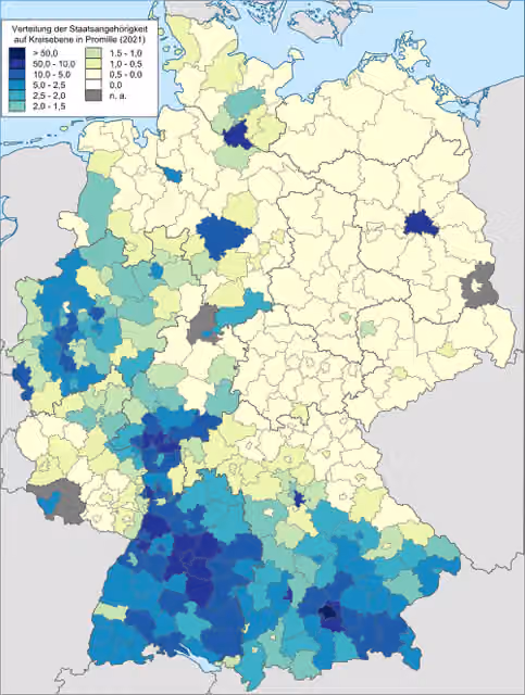 Croats in Germany — Number of foreign citizens from the country described in the title that are registered at the German Central Register of Foreigners relative to the total population of the mentioned foreign nationals in Germany at the district level.