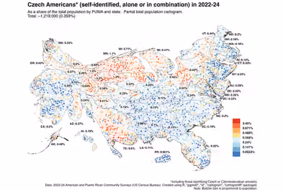 Ceko Amerika — Cartogram of Czech Americans in 2024