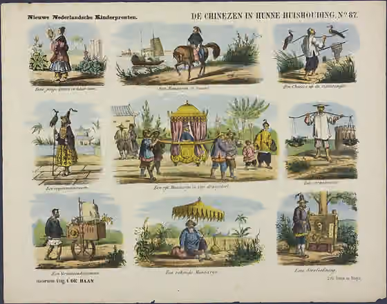 Tionghoa — Oblong centsprent met 3 x 3 niet omkaderde litho's in kleur, met afbeeldingen van een jonge dame in haar tuin, een mandarijn te paard, een chinees op de visvangst, een regeringspersoon, een mandarijn in een draagstoel, een straatventer,…