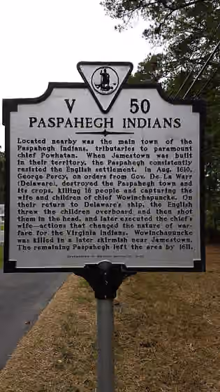 Paspahegh — Paspahegh marker erected along Virginia State Route 5 by the Department of Historic Resources, 2005.