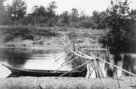 Quamichan — Salmon weir at Quamichan Village on the Cowichan River, Vancouver Island, ca 1866