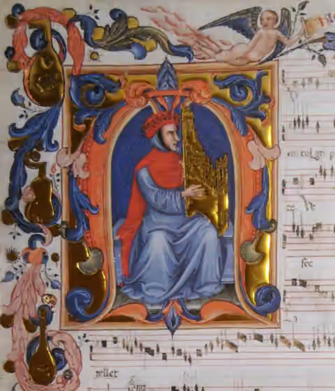 Music of the Trecento — Page 246 of the Squarcialupi Codex , with historiated initial believed to portray Francesco Landini
