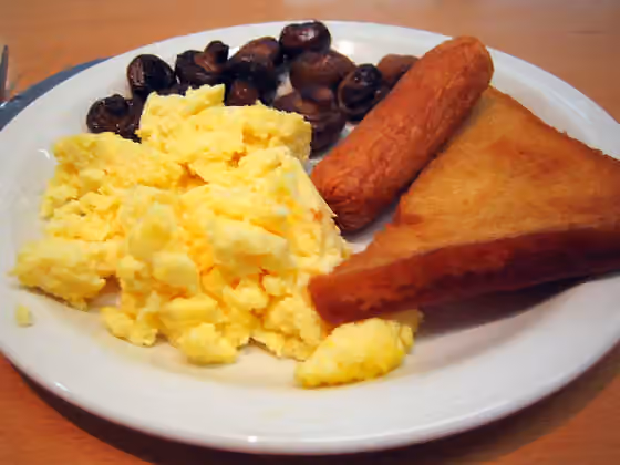 Fried bread — Scrambled eggs, veggie sausage, mushrooms and fried bread.