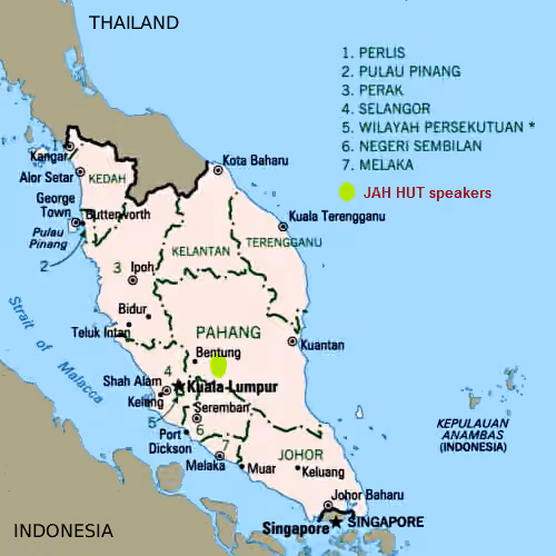 Jah Hut — Map of Peninsular Malaysia -- by jpatokal, based on PD map by CIA, [1] and modified by me to show location of Jah Hut language speakers.