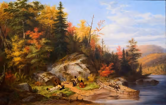 Suku Wyandot — Huron Hunters Camping at the Big Rock of Lake Lagon by Cornelius Krieghoff, 1862