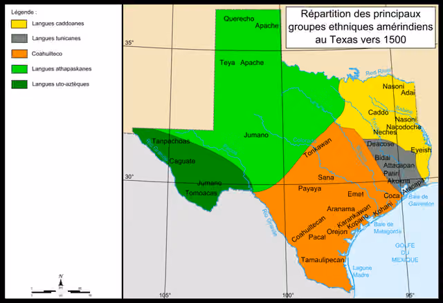 Payaya people — Map of Texas showing the location of Indian groups around 1500 as well as colors showing regions in which specific Indian languages were spoken.